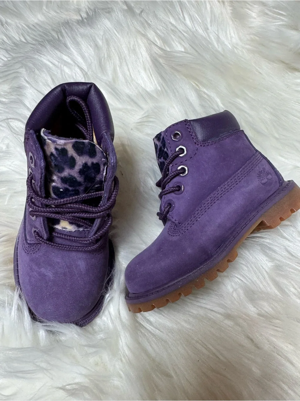 Timberland Kids Purple Boots with Leopard Print Tongue